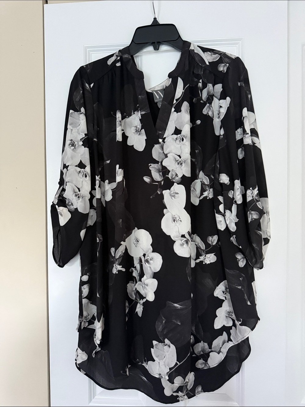 Worthington Black Floral Split-Neck Tunic with White Blooms